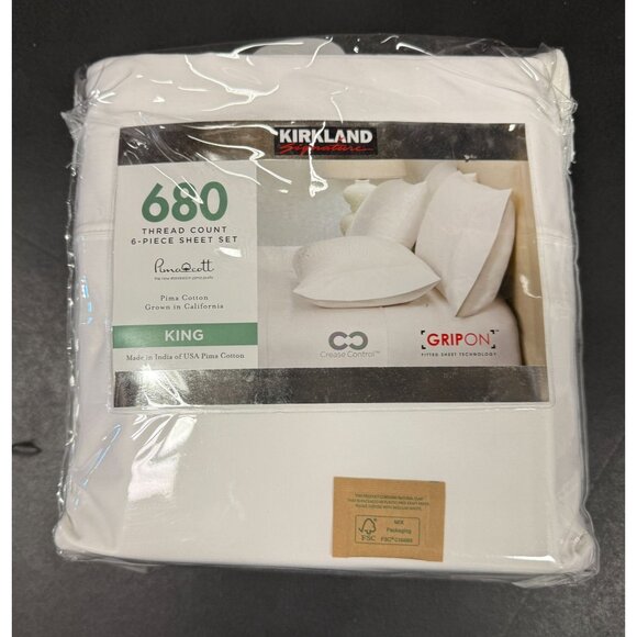 Kirkland Signature 680 Thread Count 6 Piece Sheet Set King  Bright White - Picture 1 of 6